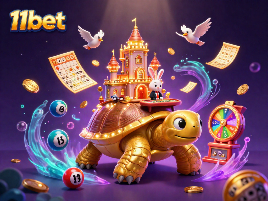Experience the thrilling 11bet gaming world with a golden tortoise casino scene, vibrant elements, and excitement.