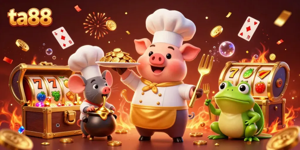 Experience ta88 with a vibrant 3D illustration featuring a chef pig, gold coins, and lively slot game elements.