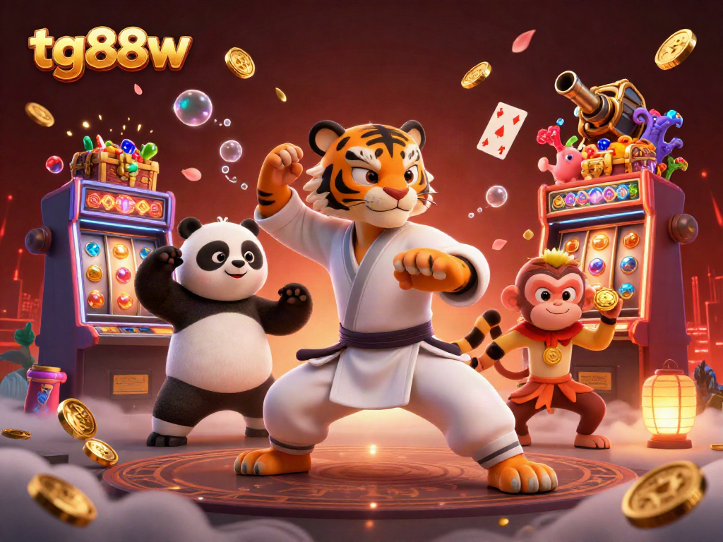 Experience the thrilling gaming world at tg88w with dynamic casino elements in a vibrant 3D scene.