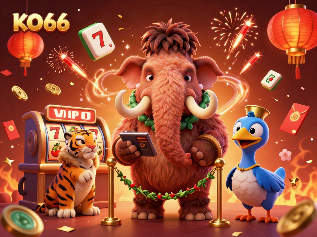 KO66 illuminates a vibrant casino scene with a bouncer, VIP guest, and doorman amid festive elements.