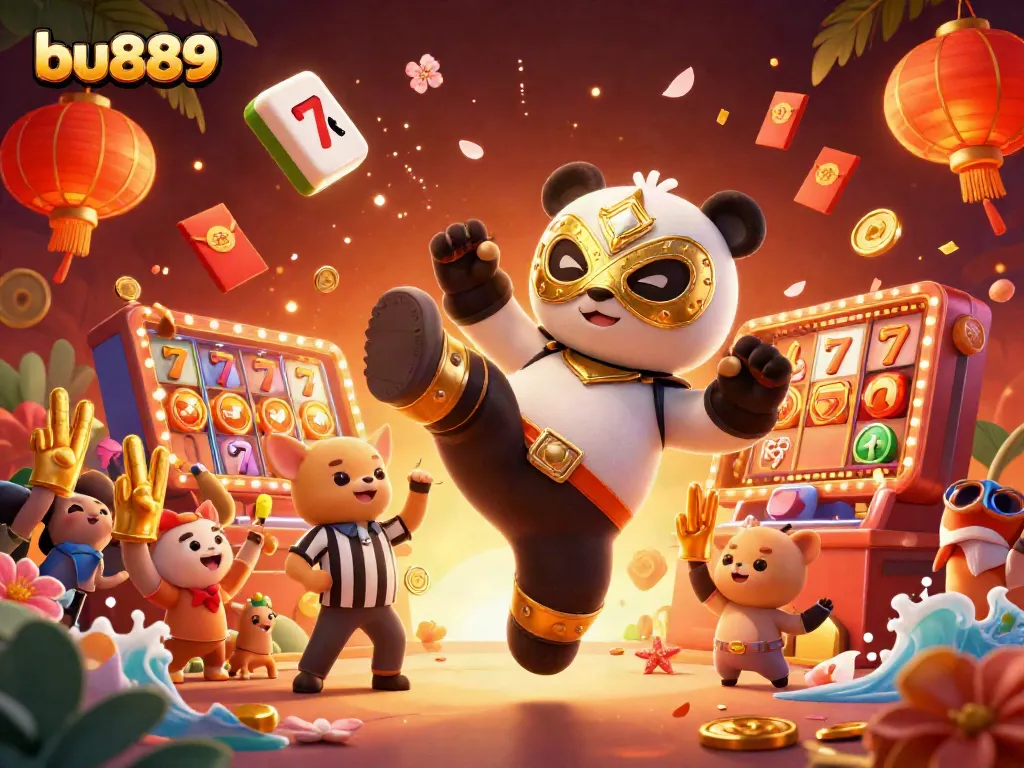 Engage in thrilling casino action with bu889 featuring a wrestling panda and animated slot elements.