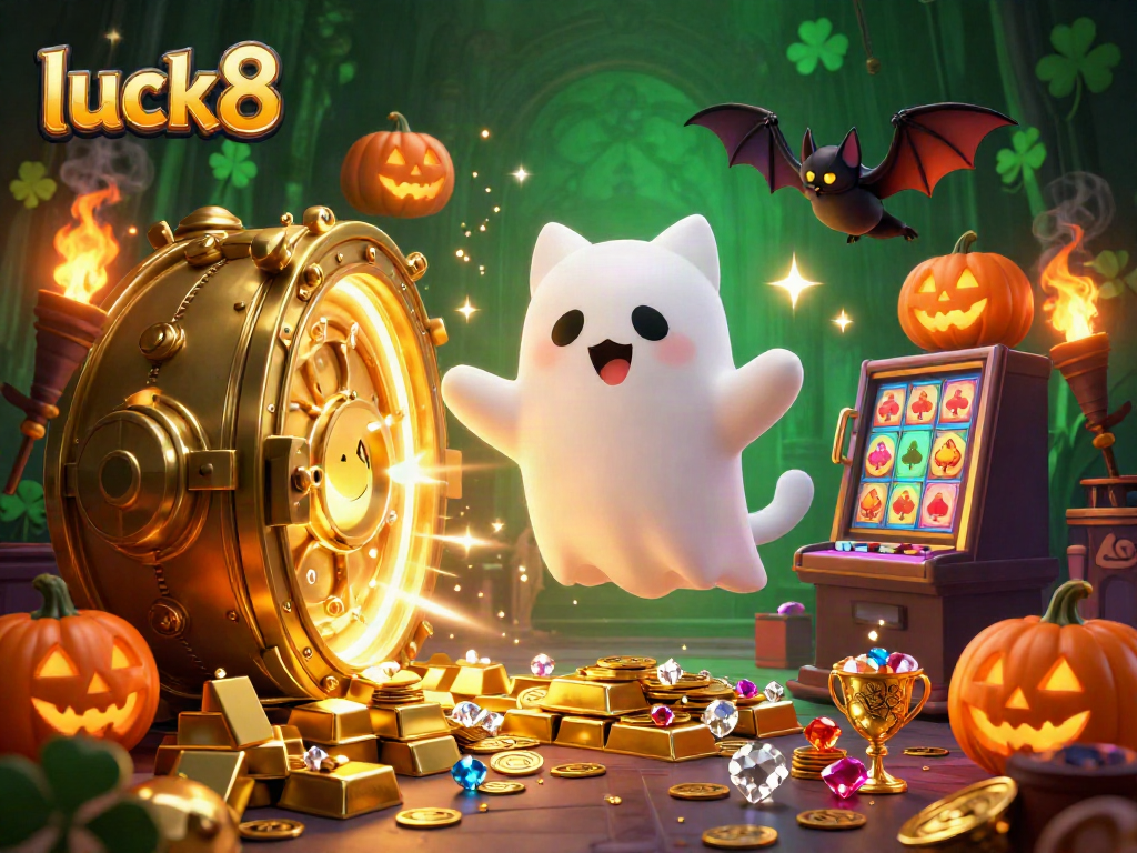 Experience the luck8 casino thrills with a ghostly cat and vampire bat amidst glowing treasures.
