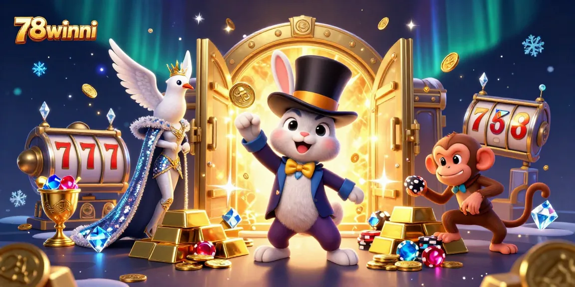Celebrate winnings with 78winni, featuring a playful rabbit and vibrant casino elements.