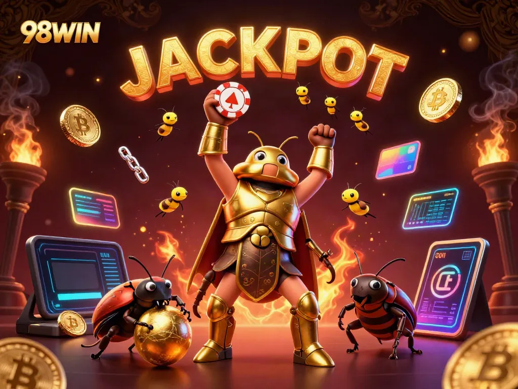 Engage in thrilling gaming at 98WIN with the victorious beetles symbolizing luck and jackpots.