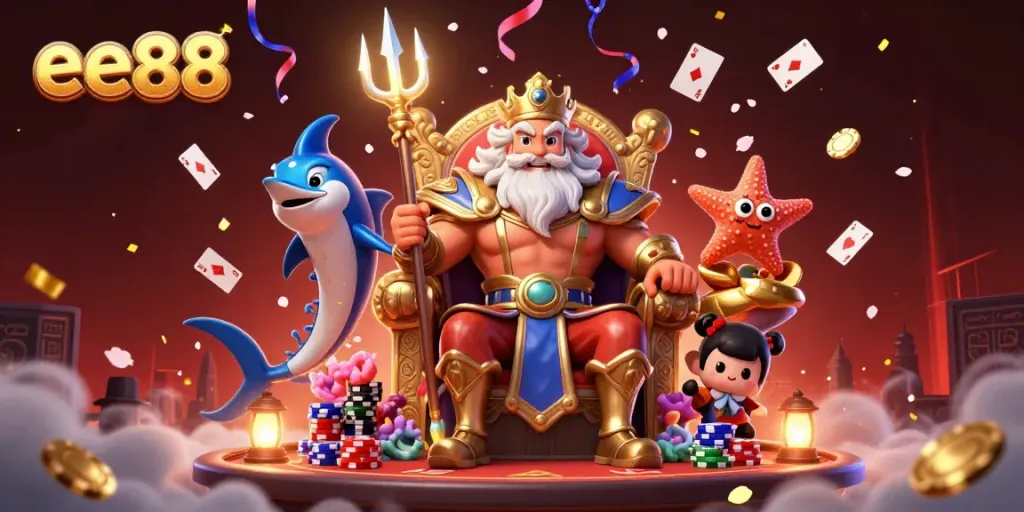 Bet big and win with ee88 as Neptune and his samurai guard cheer on poker players.