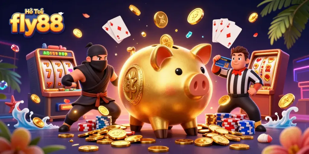 Experience thrilling gaming with Hỗ Trợ fly88's captivating illustration featuring dynamic casino characters.