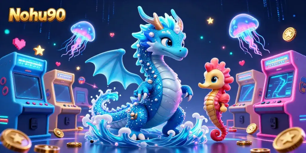 Nohu90 offers an exciting casino experience with a vivid 3D illustration of a water dragon and seahorse knight gaming.