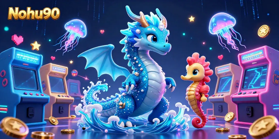 Nohu90 offers an exciting casino experience with a vivid 3D illustration of a water dragon and seahorse knight gaming.