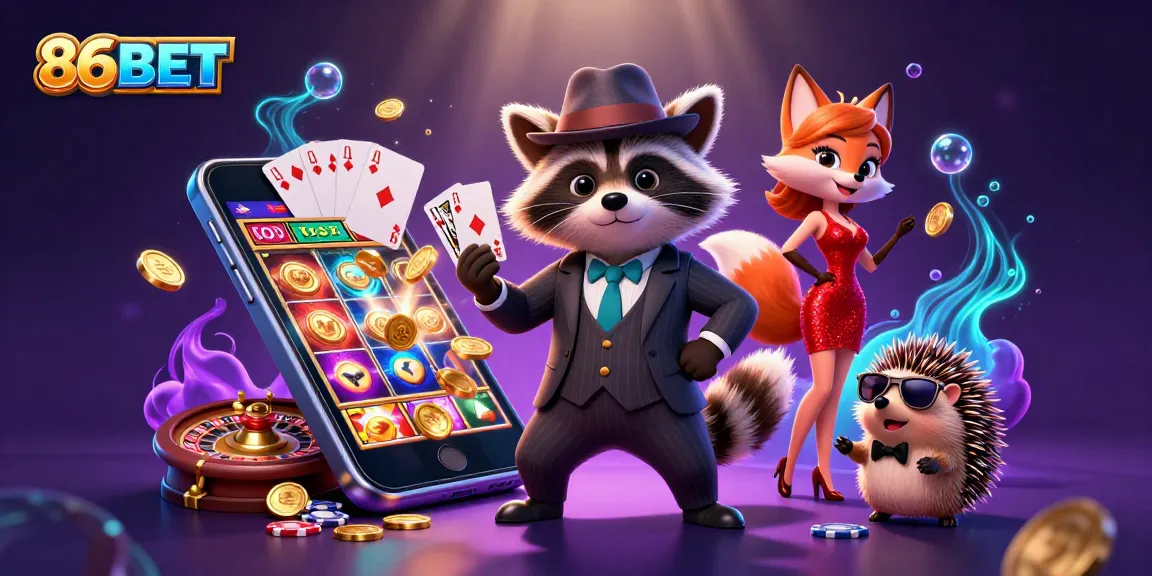 Engage with 86BET's thrilling slot adventures displayed in colorful 3D scene.