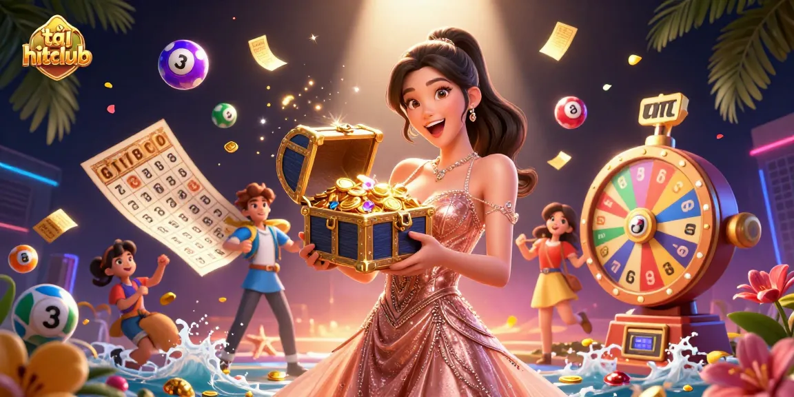 Tải hitclub with a stunning Asian woman presenting a treasure chest filled with coins and gems, dynamic gambling elements.