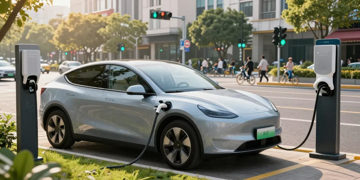 Modern electric vehicle charging in a vibrant city, showcasing innovative EV technology and sustainable urban living.