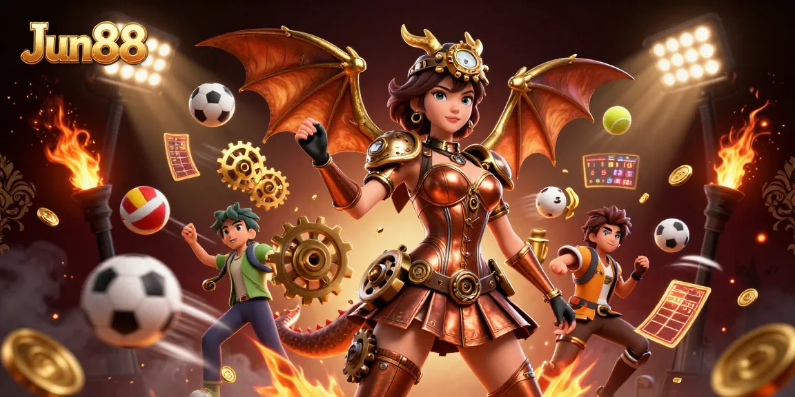 Experience the excitement of Jun88 with dynamic sports elements, showcasing a vibrant 3D casino scene.