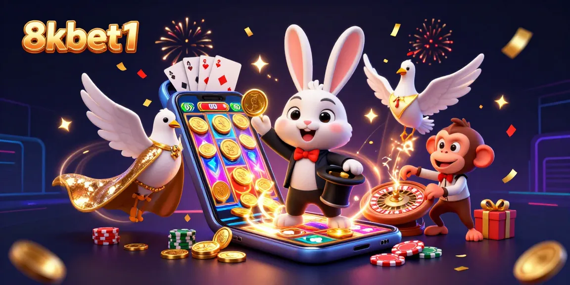 Experience the excitement of 8xbet1 with a magical scene of a charming rabbit, a dove, and a playful monkey amidst casino elements.