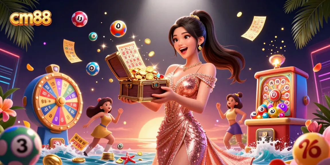 Engage in winning experiences at cm88 with a dynamic casino illustration featuring treasure and lottery elements.
