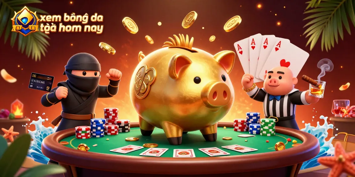 Experience xem bóng đá trực tiếp hôm nay with a lively scene of a golden piggy bank sumo wrestler and ninja.