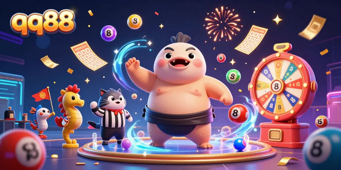 qq88 blowfish mascot in an underwater-themed casino with vibrant elements and lively atmosphere