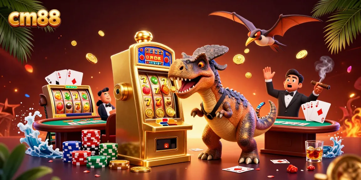 Catch flying coins at cm88 while a pachycephalosaurus triggers a jackpot in this dynamic casino scene.