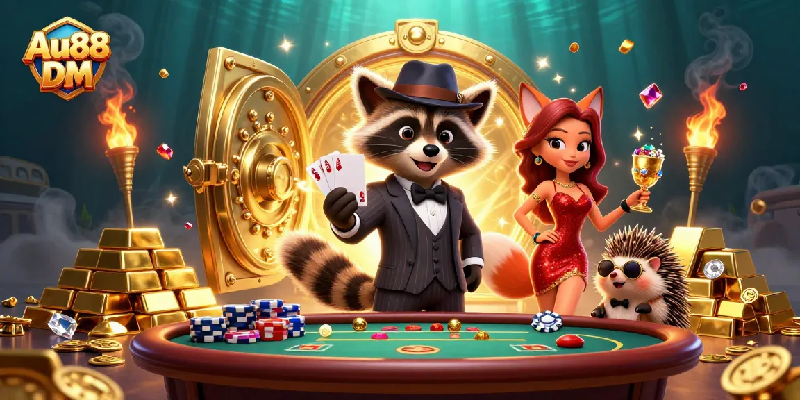 Experience the thrill of winning with Au88 DM in a lively casino scene featuring a raccoon, fox, and hedgehog.