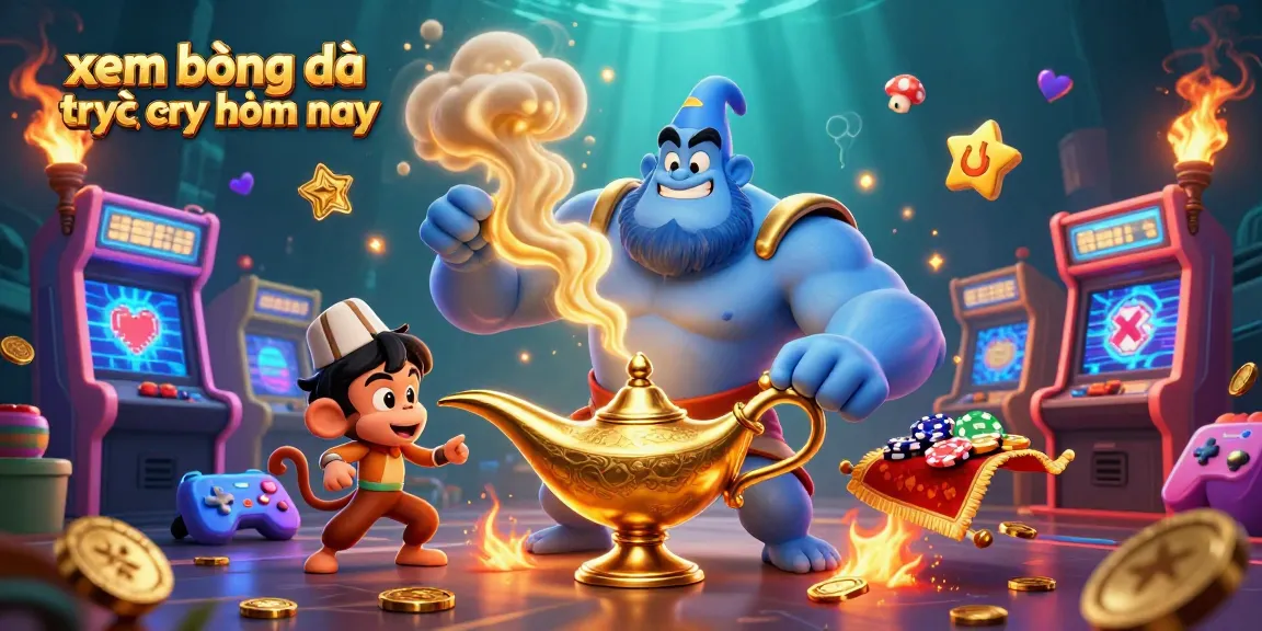 Bet on xem bóng đá trực tiếp hôm nay with a dynamic 3D gaming scene featuring mascots and casino elements.
