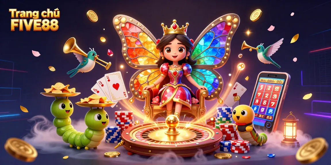 Engage with Trang chủ FIVE88's vibrant casino world featuring playful characters, colorful chips, and thrilling gaming elements.