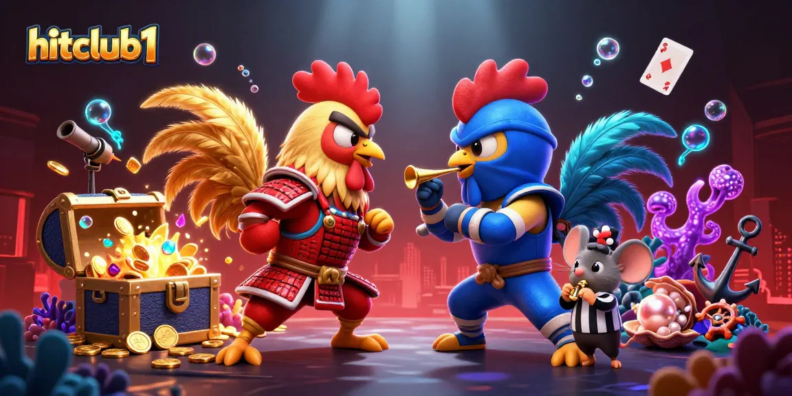Hitclub1 showcases a thrilling showdown between cartoon roosters, symbolizing exciting online gaming.