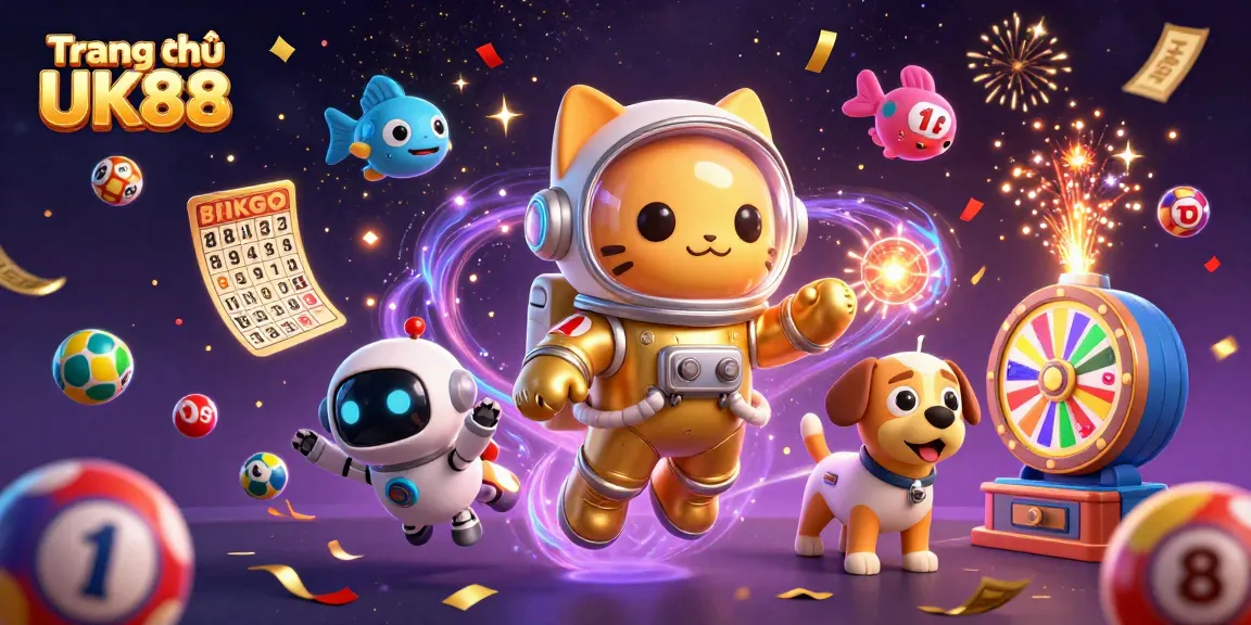 Engage in excitement with Trang chủ UK88 featuring vibrant 3D lottery elements and a space-themed backdrop.