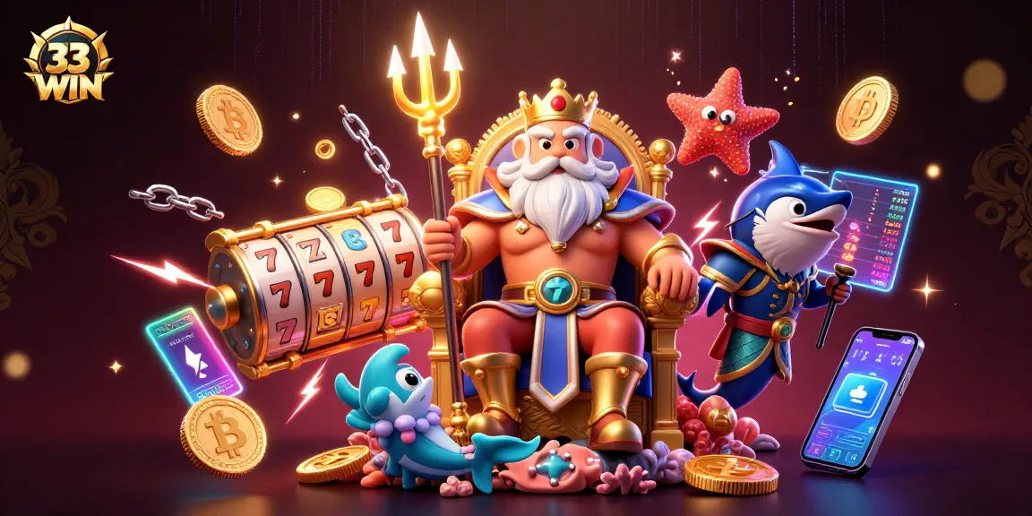 Experience thrilling gaming at 33WIN with vibrant illustrations of slot games and crypto elements.