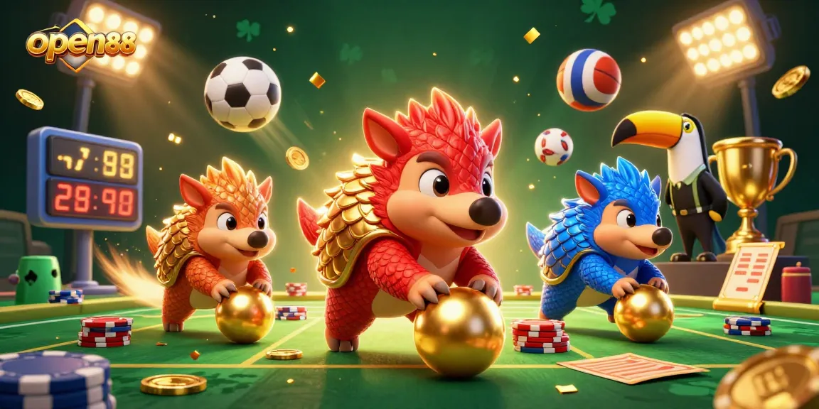 Experience the thrill of betting at open88 in this vibrant 3D illustration, featuring cartoon pangolins and casino elements.