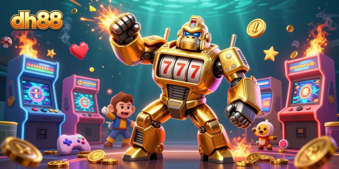 Join the adrenaline rush of dh88 with a golden gorilla mech smashing through a vibrant casino!