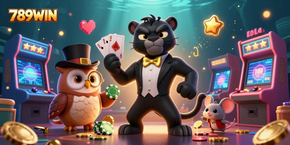 Engage in thrilling casino action with 789WIN, featuring vibrant characters, poker chips, and sparkling coins.