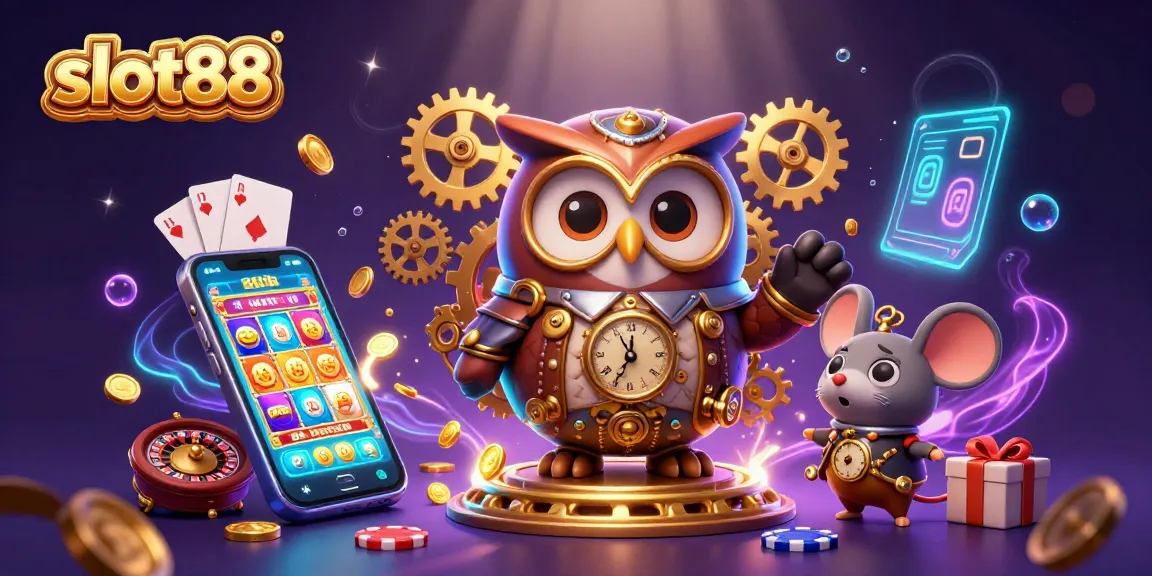 Menghadirkan keseruan permainan slot88 dengan ilusi kasino berwarna, koin emas berhamburan, dan simbol permainan di latar belakang yang menambah semarak.