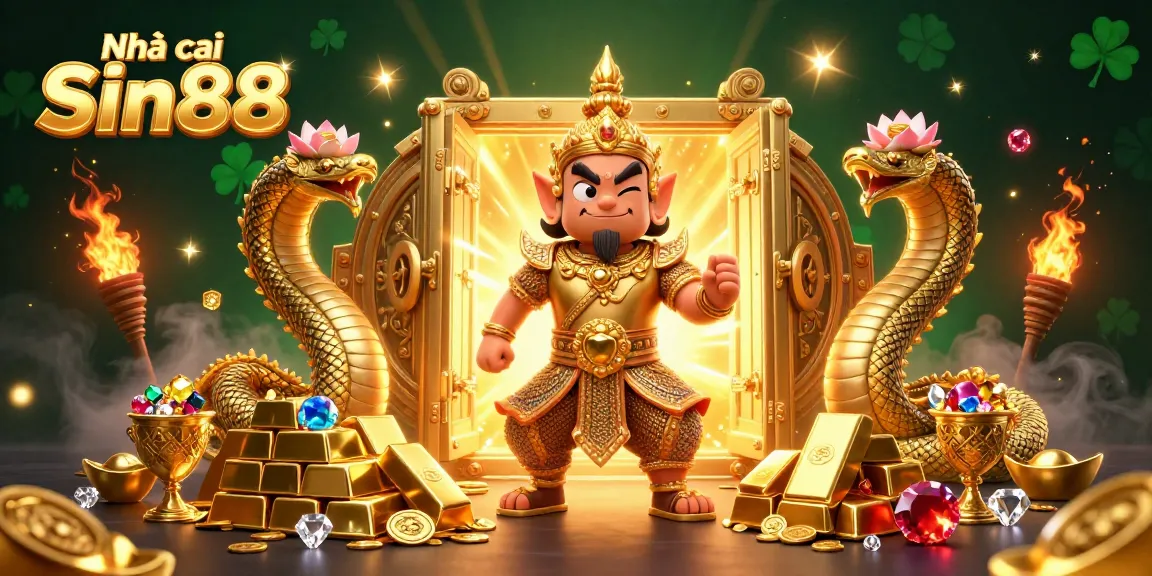 Engage with Nhà cái Sin88, featuring a vibrant 3D illustration of guardians and treasures from a premium online casino.
