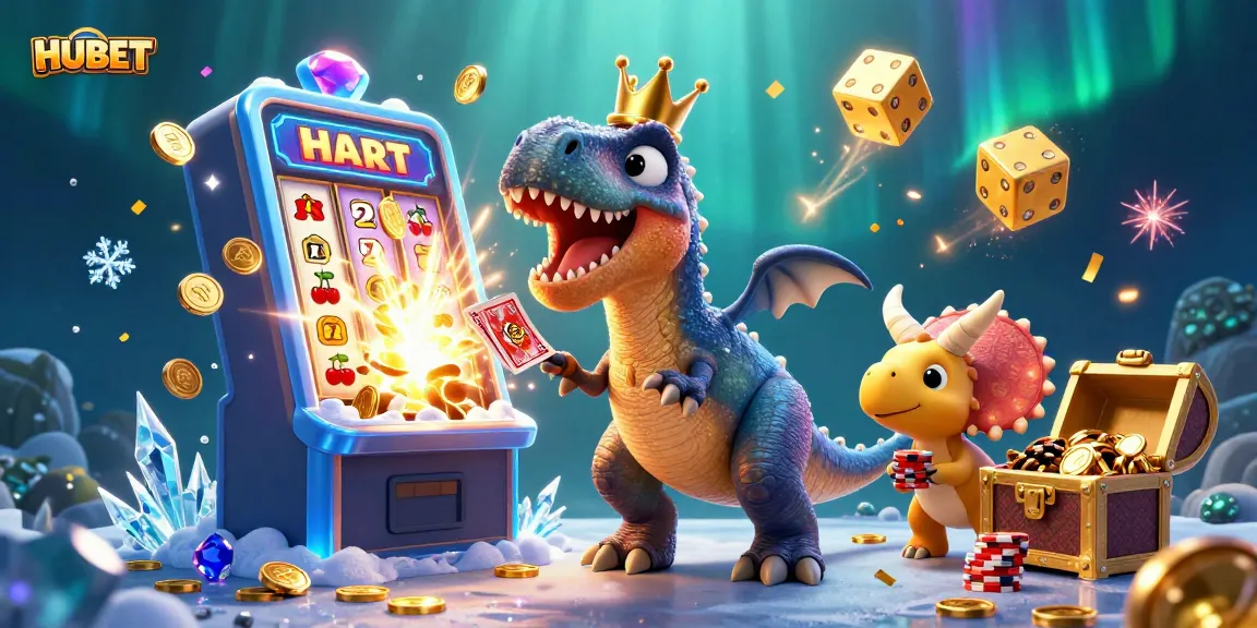 Engage with HUBET's vibrant slot scene featuring friendly dinosaurs, cards, and gold coins.