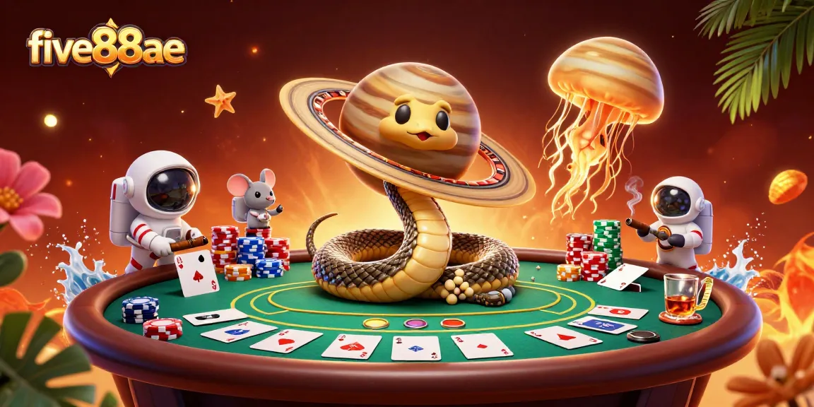 Engage with five88ae's diverse gaming landscape through vibrant 3D illustration of casino fun.