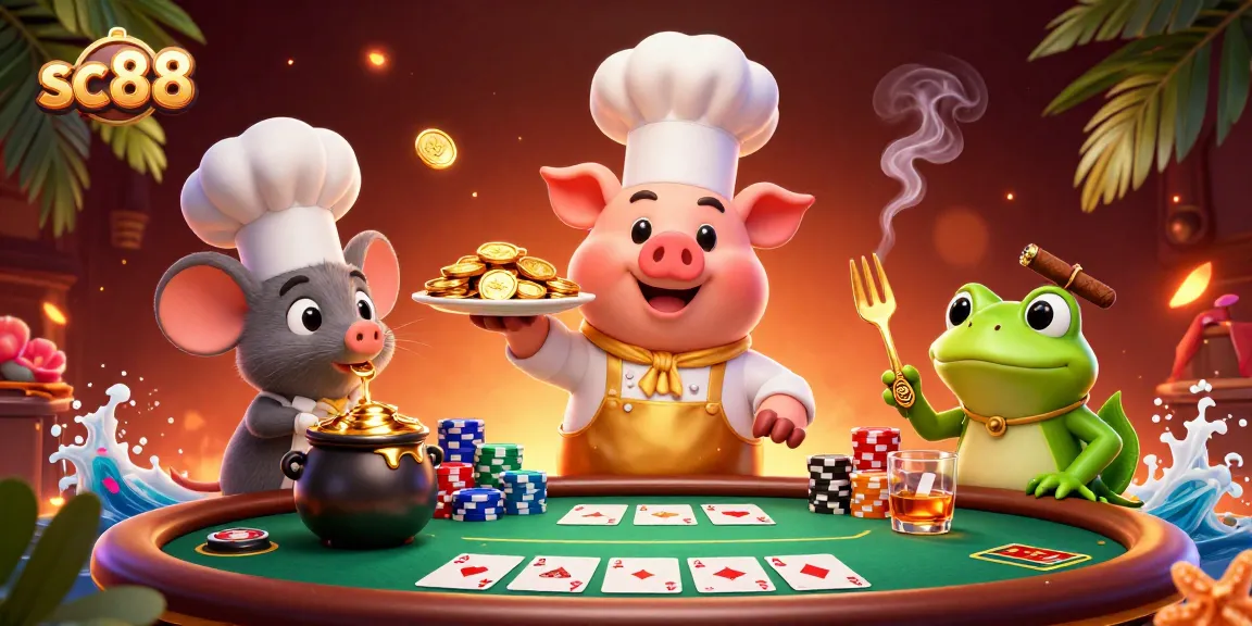 Experience the thrilling sc88 casino with poker essentials, golden coins, and vibrant characters.
