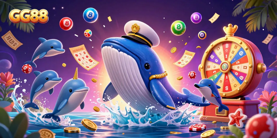 Experience GG88 excitement with a vibrant casino scene featuring whales, dolphins, and dynamic game elements.