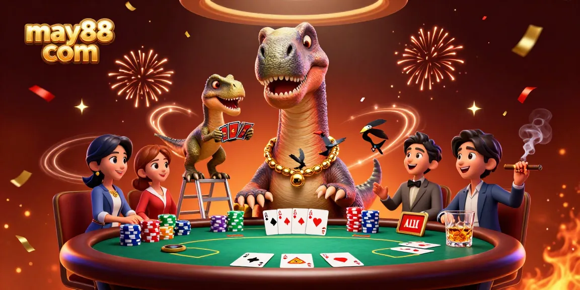 Experience thrilling gameplay at may88 com with a giant brontosaurus overseeing an exciting poker game.