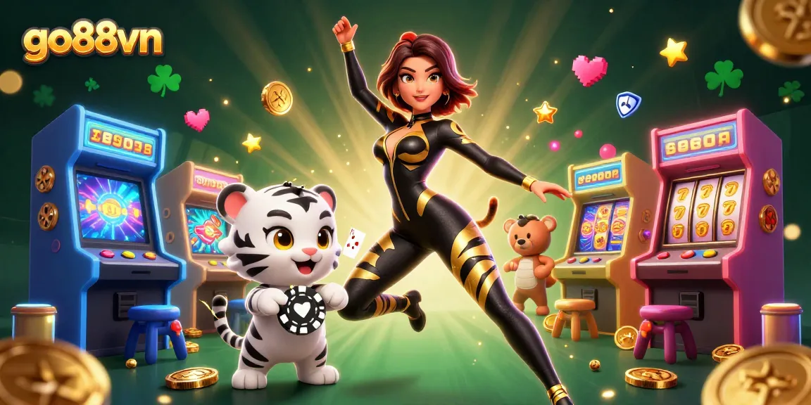 Engage with go88vn's vibrant casino experience featuring slot machines, a playful tiger, and winning dynamics.