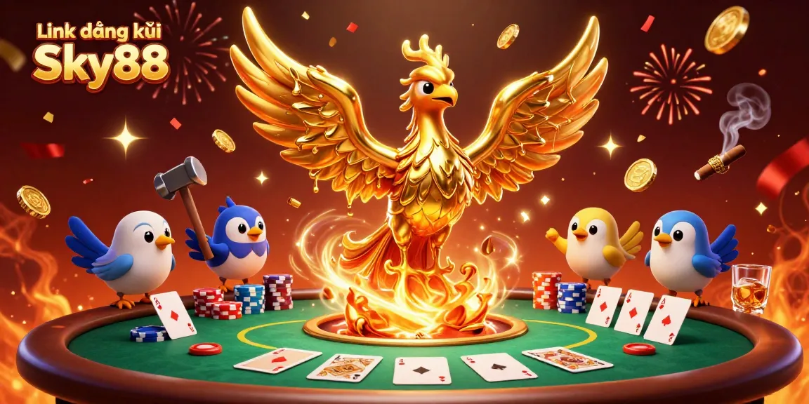 Join the action with Link đăng ký Sky88, showcasing a molten gold phoenix and poker elements in a vibrant casino scene.