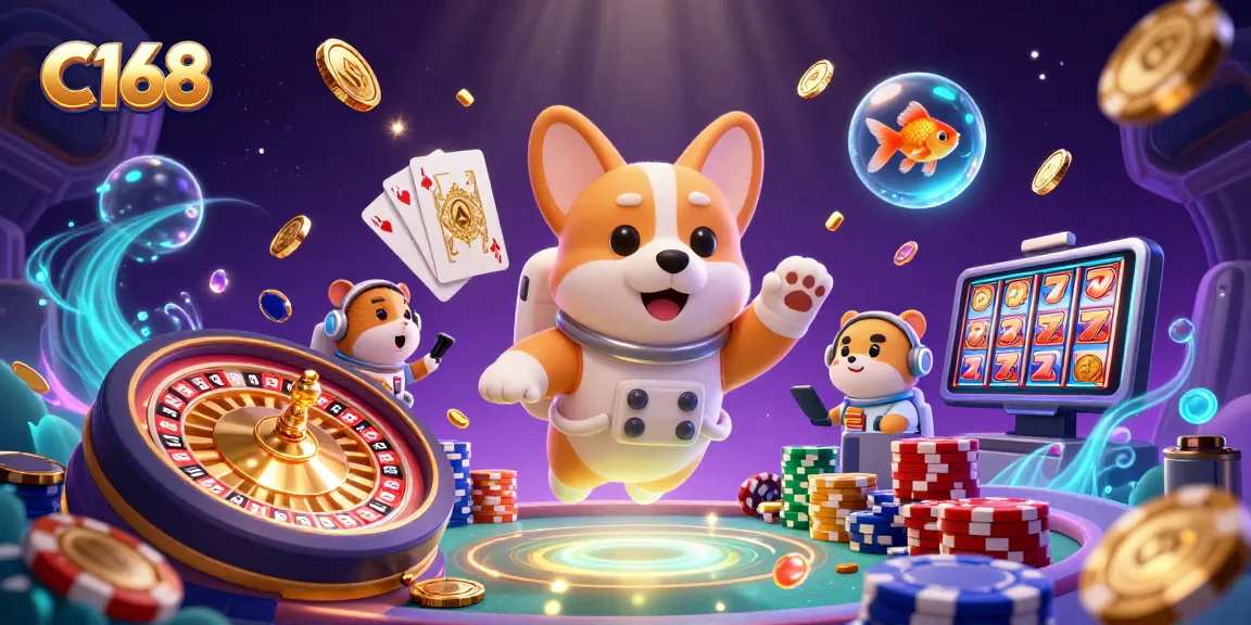 C168 offers an exciting gaming experience with floating coins and colorful casino elements.