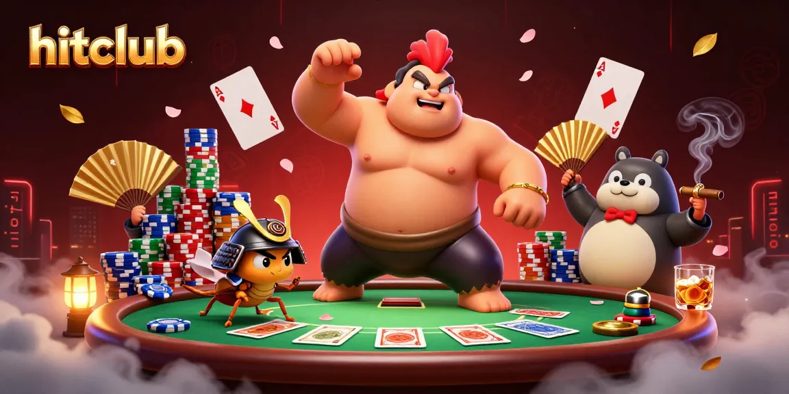 hitclub features a powerful rooster and samurai cricket in an intense poker scene, showcasing dynamic casino elements.