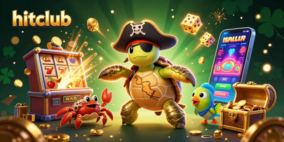 Hitclub players engage in high-stakes slots with vibrant characters and treasure symbols bursting forth.