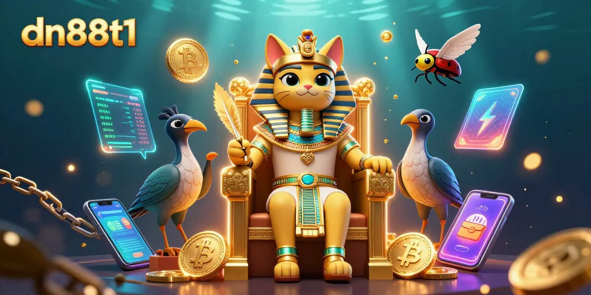Join the excitement at dn88t1 with a cartoon pharaoh cat surrounded by crypto coins and gaming elements.