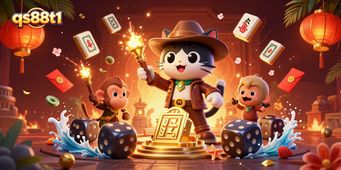 Win big at qs88t1 in this vibrant 3D casino world featuring a cat explorer and treasure.
