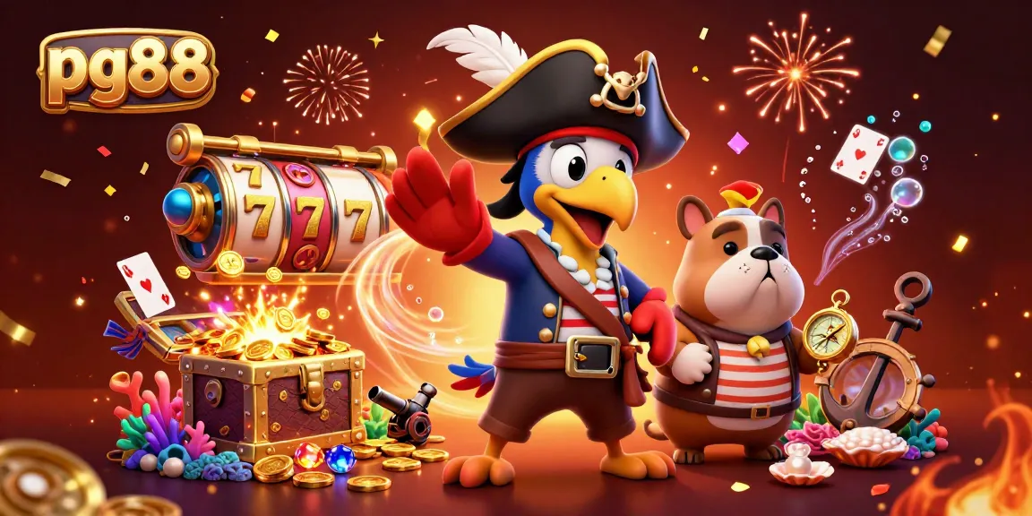 Spin the reels at pg88 with a vibrant casino illustration featuring a pirate captain and treasure.