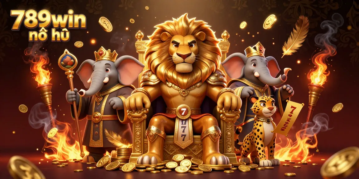 Experience the thrill of 789win nổ hũ with a golden lion king surrounded by exciting slot elements.