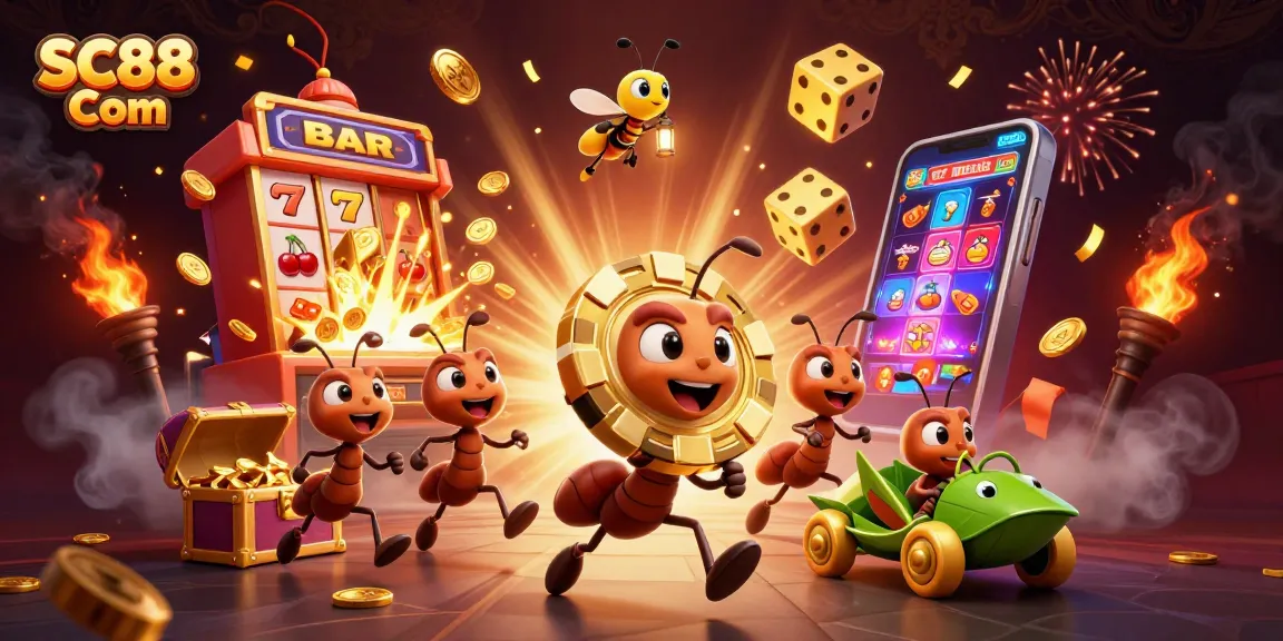 Join the thrilling escapade of SC88 Com as cartoon ants pull off a heist at a vibrant casino backdrop.