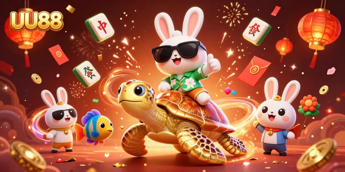 Join the excitement at UU88 with a vibrant 3D illustration of a lucky rabbit and golden turtle in a festive casino scene.