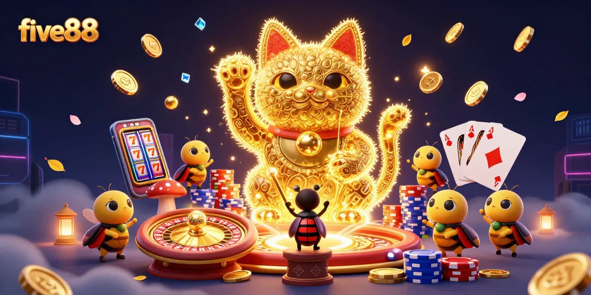 Experience the excitement of five88 with a dynamic lucky cat and casino symbols illustrated in 3D.