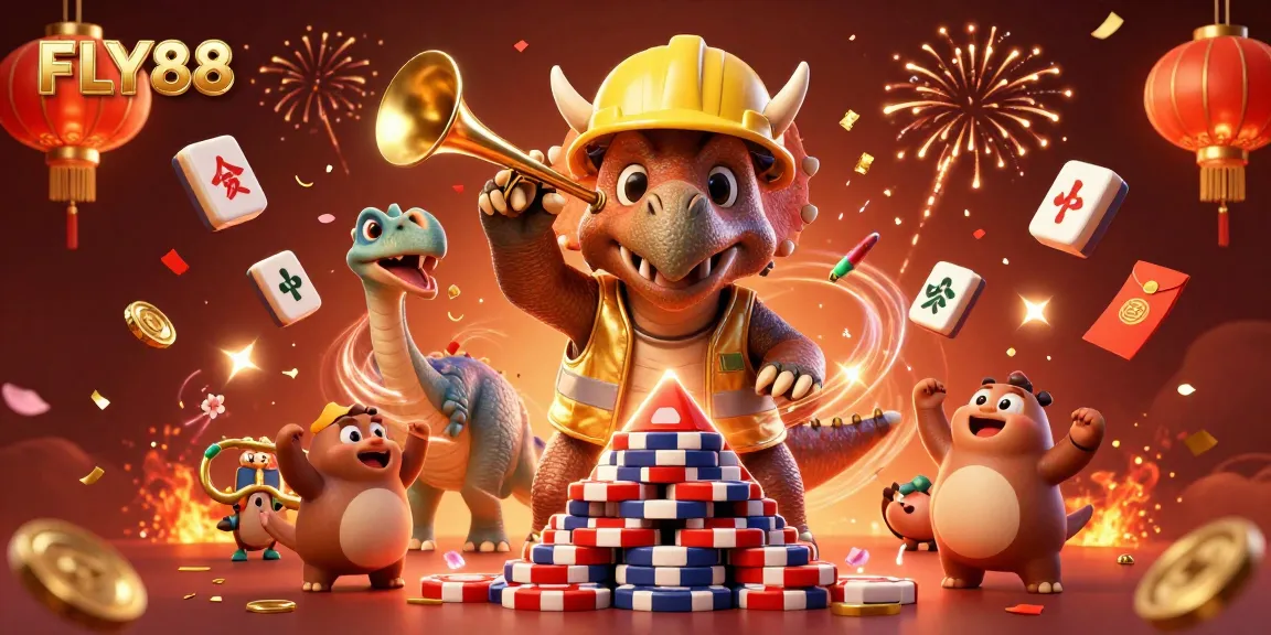 FLY88 brings thrilling casino action alive with a dynamic scene featuring playful dinosaur characters surrounded by festive gambling elements.